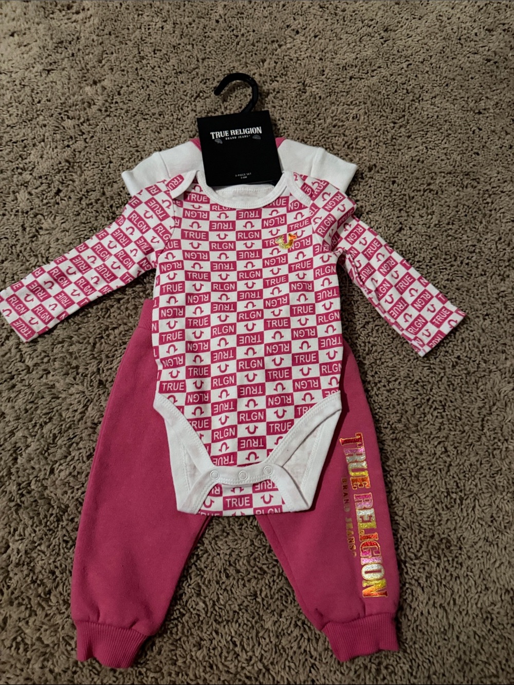 True Religion Pink & White Logo Infant One-Piece with Pink Pants Set